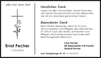 Traueranzeige von Ernst Pecher von Pegnitz-Zeitung